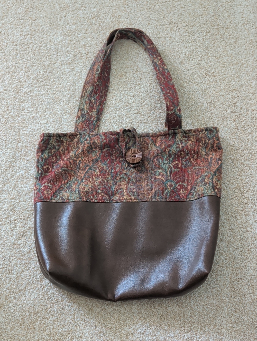 Brown Faux-Leather & Multicolor Tapestry Tote Bag
